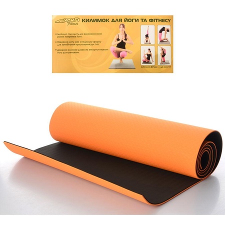 Коврик для йоги и фитнеса Premium TPE+TC 183х61см 6мм черно-желтый